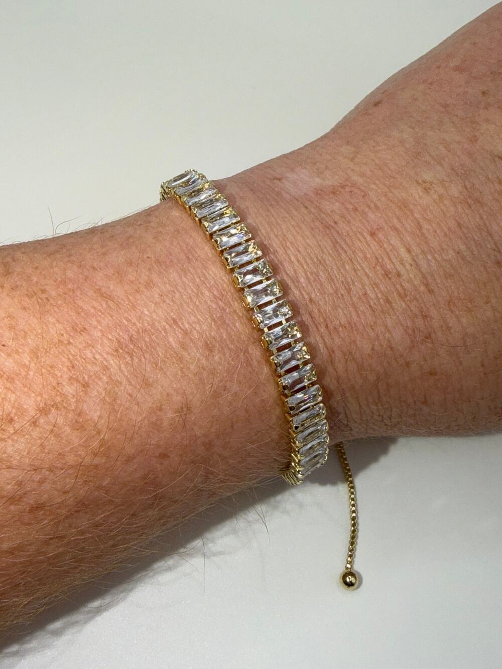 Gold Swarovski Crystal Baguette Tennis Bracelet Adjustable Bolo NIP